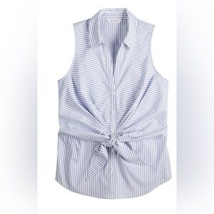 Nine West Blue and White Notched Collar Tie-Front Blouse